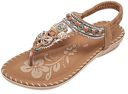Genérico sandalias mujer,planas con cuentas para, de verano con tiras elásticas en T Y De (Khaki,37)