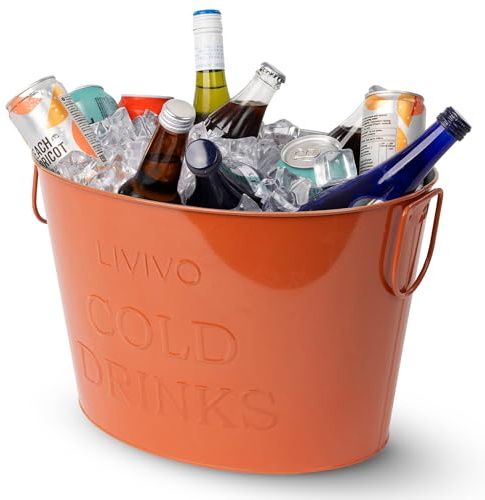 LIVIVO 24L Galvanised Steel Large Ice Bucket - Drinks Cooler Bucket with Handles for Parties, BBQs, Garden Bar, Beer Bucket, Wine & Champagne Cooler, Metal Tub for Bottles & Cans - Coral