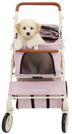 Carrito plegable para perros de 2 niveles, carrito ligero para perros, carrito con ventanas de malla y cinturón de seguridad, 4 ruedas, carrito para perros pequeños y gatos, hasta 15 kg (Rosa)