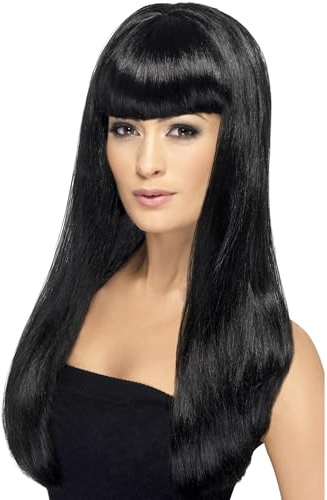 Smiffys Babelicious Perücke, Schwarz, Lang, Glatt mit Pony Halloween