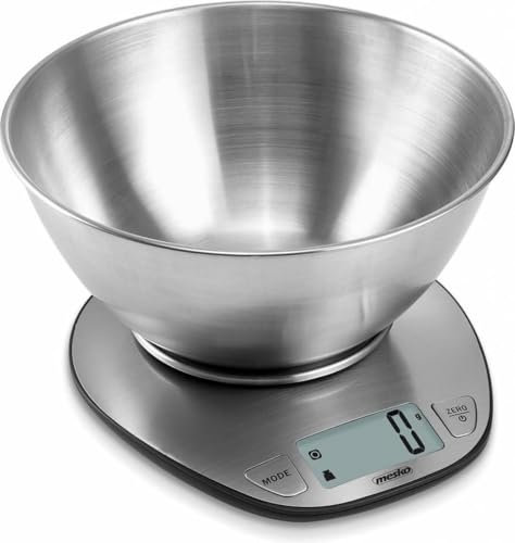 MESKO MS 3152 Báscula de Cocina Digital con Bol Removible, Acero Inoxidable, Balanza Electrónica con Cuenco 1,8 Litros, 5 kg, Alta Precisión 1 g, TARA, Medición de Líquidos