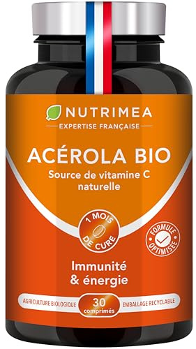 Acerola BIO | Fortement Concentrée en Vitamine C | Réduit la Fatigue | Protège du Stress Oxydatif & Renforce le Système Immunitaire | 30 Comprimés Vegan | Nutrimea | Fabrication Française