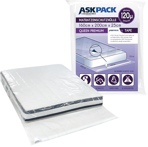 ASK Pack Custodia Materasso con Chiusura Adesiva - Misure da XS a XXL, impermeabile, antistrappo, materiale ultra resistente fino a 120 micron, ideale per lo traslochi, stoccaggio - 160x200 cm