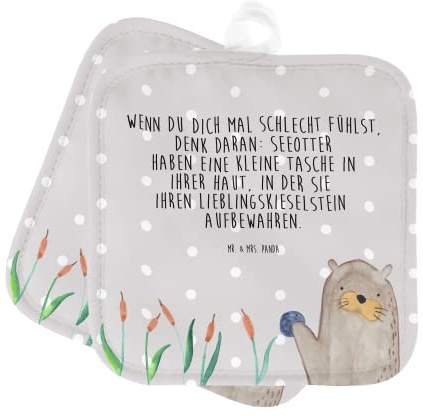 Mr. & Mrs. Panda 2er Set Topflappen Otter Stein - Geschenk, Topfhandschuhe, Topfuntersetzer, Ofenhandschuh, Topflappen Set, Seeotter, Otter Seeotter
