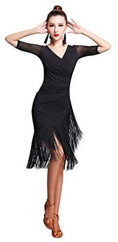 Z&X Women's Ballroom Dance Costume V Neck Pleated Long Fringed Tango Salsa Latin Dance Dress with Shorts (Tag M, Black)