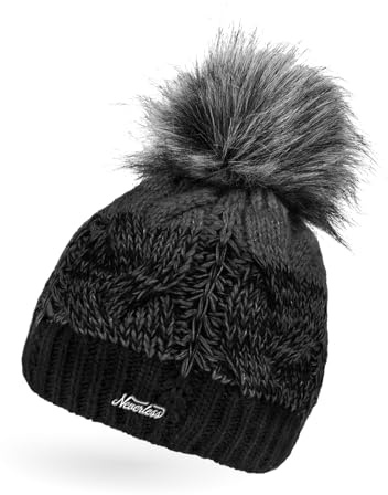 Neverless® Damen Strick-Mütze gefüttert Fleece-Innenfutter Fell-Bommel Kunstfell Winter-Mütze Bommelmütze Zopfmuster Mehrfarbig