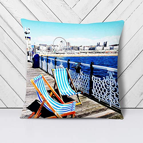 Big Box Art Deckchairs Brighton Beach Pier - Cushion Cover Throw Pillow with Insert for Sofa Chair Bed - Stone Rear - 55x55 cm