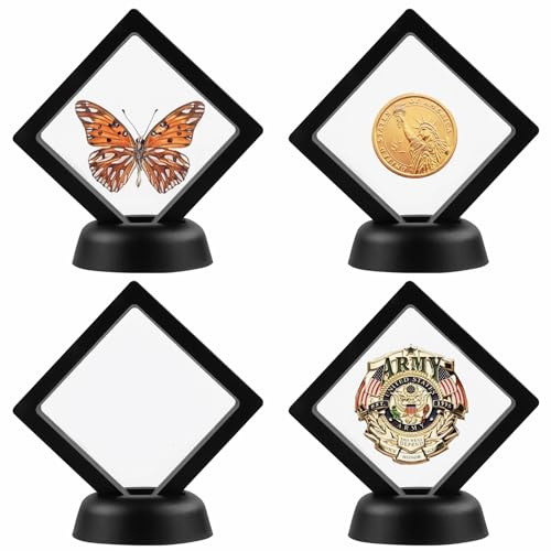 4Pcs Challenge Coin Holder, 3D Floating Frame Display Case with Stand for AA Coin Medallion Military Medal Specimen Jewelry, 2.75x2.75 inches