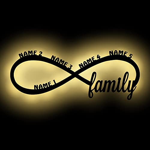 Namofactur personalisierte LED-Wandlampe Familien-Unendlichkeitszeichen | Mit bis zu fünf Wunschnamen und Datum – in verschiedenen Farben wählbar; batteriebetriebene LEDs, Batterien nicht enthalten