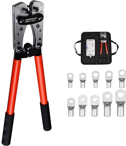 Crimpzange Batteriekabel Set, Batteriekabelschuh Crimpzange für 6/10/16/25/35/50 mm² Batterie-Kupfer-Rohrkabelschuhe, mit 10 Größen Lila Kupfer Ringklemmen - Hochleistungs-Crimper - Crimper Tool Set