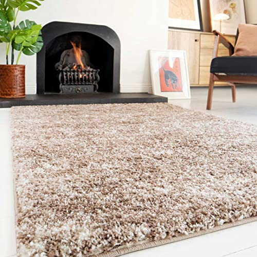 Plush Shaggy Rugs Beige Cream Soft Mottled Thick Pile Large Small Brown Lounge Living Room Bedroom Area Rug 121cm x 171cm
