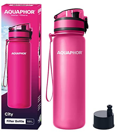 AQUAPHOR City Filterflasche 500ml Pink I Flasche mit Wasserfilter für unterwegs I Filter mit Aktivkohle I Filtert Chlor I Aus Tritan & BPA-frei I Für besseren Geschmack & Geruch des Wassers