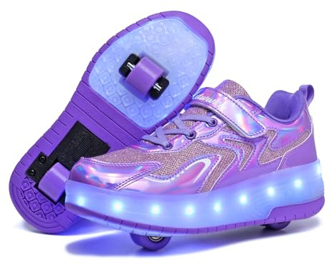 Aizeroth USB Ricarica LED Luci Brillantini Skateboard Scarpe Sportive con Rotelle Retrattile Sneakers Outdoor Multisport Luminose Running Calzature da Ginnastica per Bambini Ragazze e Ragazzi