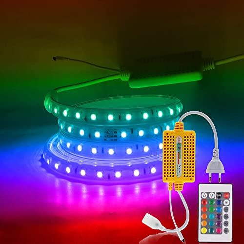 XUNATA 10M LED RGB Strip, AC 220V IP65 Wasserdicht Mehrfarbig, Kein Bleidraht, SMD 5050 60leds/m LED Lichtband mit Wasserdicht Controller+24 Tasten IR-Fernbedienung für Hausbeleuchtung Party DIY Deko