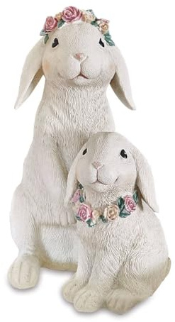 Loberon Hasen Sappos, weiß | Osterhasen Figuren - Osterdeko Mutter & Baby Häschen mit Blütenkranz - Handbemalte Deko aus Feinem Polyresin - 20cm