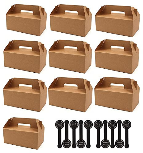 ZTMAKYLH 10 Stück Kraftpapier Faltschachtel, Geschenkboxen aus Kraftpapier, Party Gastgeschenk Kraftpapier, Gebäck Karton Verpackung, für Geschenke, Tortenschachteln, Partyschachteln (Mit Aufklebern)