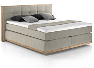 Mivano Levana Boxspringbett mit Sockel aus Eiche, 7-Zonen-Federkern, Matratzen H3/H4 + Topper Premium, Chenille, Beige, Liegefläche 180 x 200 cm