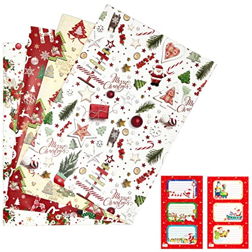 ARKRAFT carta da regalo natale natalizio format XXL 4 fogli + 6 sticker chiudipacco (NAT3+Stickers)