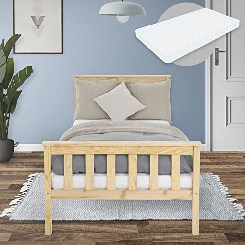 ML-Design Träsäng 90x200 cm natur med madrass, furu, massivträ sängstomme med lamellram och fötter, enkelsäng med sänggavel och fotgavel, säng för barn och vuxna, barnsäng ungdomssäng