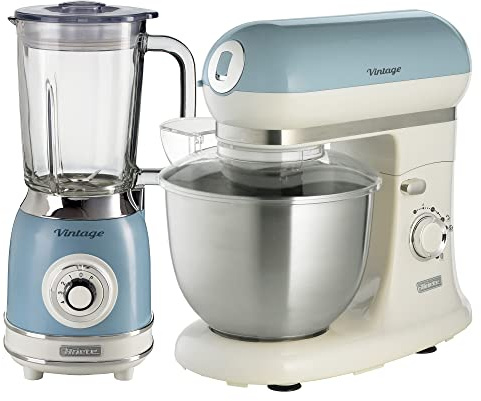 Ariete Retro Style Jug Blender and Stand Mixer Set, Blue | 4 Speed Blender with Pulse Modes, 7 Speed Mixer with Pulse Mode, 5.5 Litre Bowl, 4 Stainless Steel Blades