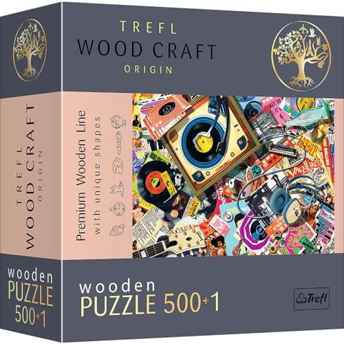 Trefl - Träpussel: In the World of Music - 500+1 bitar, Wood Craft, Oregelbundna former, 50 figurer, Modernt Premium pussel, DIY, för Vuxna och barn över 12 år