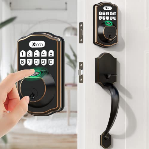 IXTECH Fingerabdruck Türschloss Set, Keyless Eingang Türschloss Riegel mit Griff und 2 Schlüsseln, Elektronisches Türschloss mit Tastatur, Ölbronze-Finish