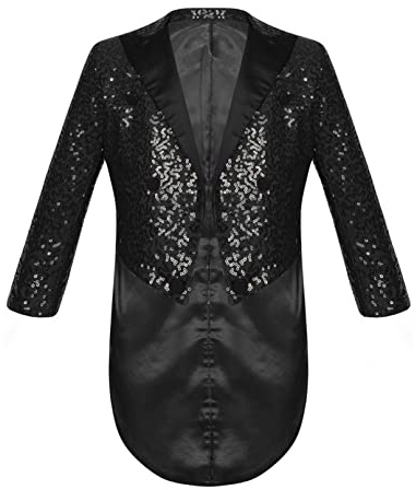 Jhaoyu Kids Boys Sequins Tuxedo Jacket Suit Tailcoat Swallowtail Blazer Wedding Pageant Birthday Party Dance Disco Costume Black 10 Years