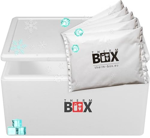 Therm-Box Styroporbox 45 W med 5 x kylbatterier för kylbox 45 l insida: 53 x 33 x 25 cm transportlåda, termobehållare, återanvändbar