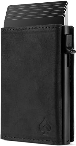 CARD Nine! Magnet Kartenetui - Premium Slim Wallet - Geldbörse mit RFID-Schutz - Portemonnaie für Damen & Herren - Geldbeutel mit Magnetverschluss (Crazy-Horse-Leder Schwarz, Mit Münzfach)