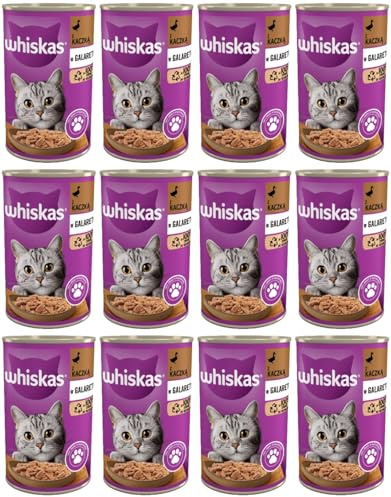 Whiskas Nourriture humide pour chat adulte 1+ avec canard en gelée, 12 boîtes (12 x 400 g)