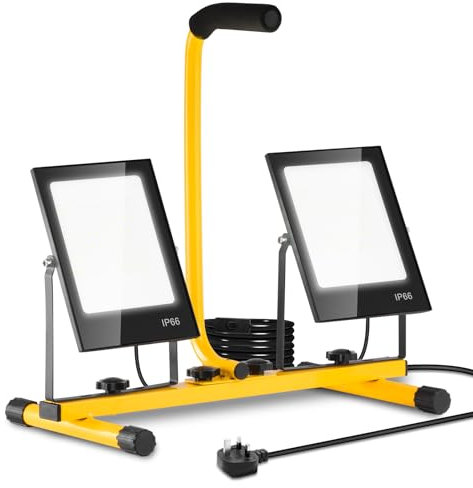 Ankishi Portable Floodlight with 2 Adjustable Heads, 12000LM LED Work Light, IP66 Job Site Light 6500K with 9.8ft Cord Plug and Switch for Workshop Garage Construction