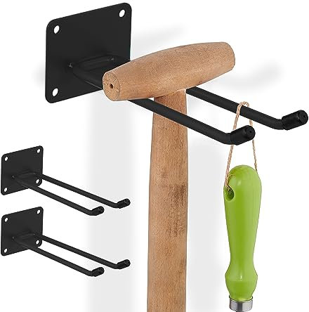 Relaxdays Gerätehalter 3er Set, Doppelhaken, Besenhalter für die Wand, Garten, HxBxT: 7,5 x 9 x 24 cm, Stahl, schwarz