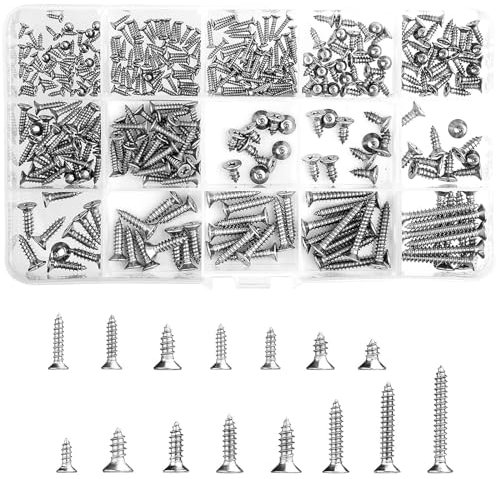Lot de 350 vis à tête plate en acier inoxydable M2 M3 M4 Vis auto-taraudeuses cruciformes Vis à bois pour bricolage, réparation, travail du bois