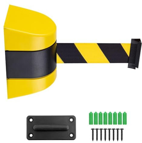 Wall Mount Queue Belt Barrier Retractable, 3M Crowd Control Wall Barrier, Fixed Safety Cordon Barrier, Queuing Safety Tape Cordon, Airports, Banks, School (Black and Yellow)