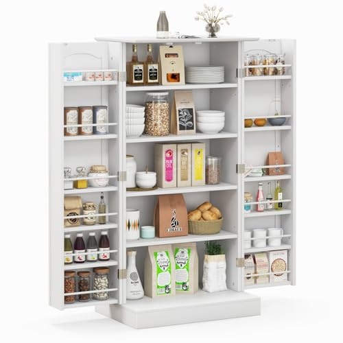 COSTWAY Kitchen Cupboard, Buffet Pantry Cabinet with Countertop, Doors, 17 Shelves & Guardrail, Space-saving Storage Organizer for Dining Living Room (White, 60x40x120cm)