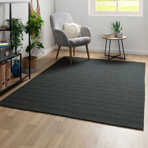 Steffensmeier Handweb Teppich Kelim Delhi | 100% Schurwolle in der Nutzschicht, Anthrazit, handgewebt, Größe: 120x180 cm Wohnzimmer und Schlafzimmer