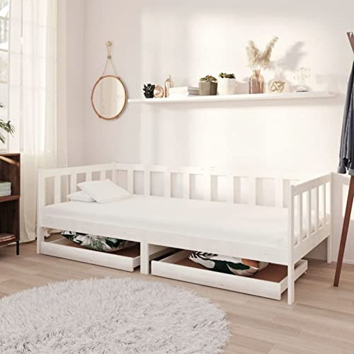 Rantry Tagesbett mit Schubladen Bettsofa Sofabett Bettcouch Tagesbett Holzbett Gästebett Jugendzimmer Bett für Wohnzimmer 90x200 cm Weiß Massivholz Kiefer