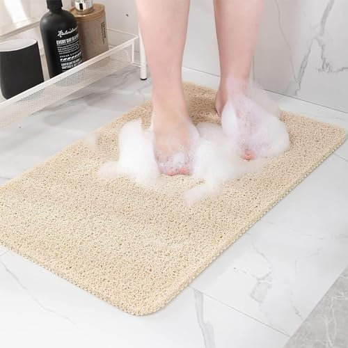 Duschmatte rutschfest, Beige, 40 x 80 cm, Weich Komfort Sicherheits Badewannenmatte mit Ablauflöchern, PVC-Luffa Massage Duschmatten für Nassbereiche, Schnell trocknend