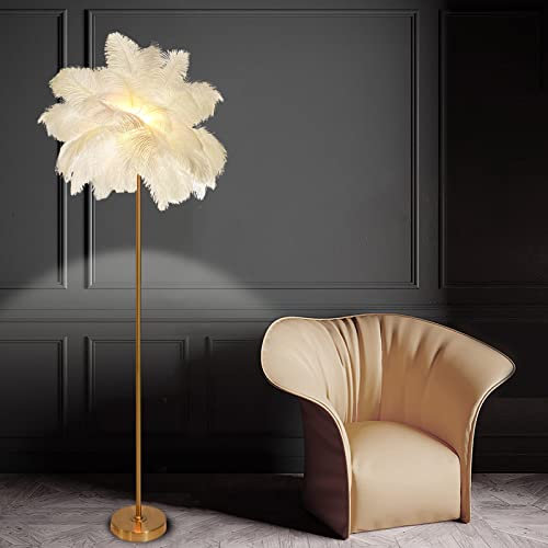 Lampadaire LED Lampe en Plumes d'autruche, Lampadaire en Plumes de Palmier pour Salon Moderne, Abat-Jour en Plumes d'autruche Blanches Lampes sur Pied LED Salon Chambre Bureau Couloir