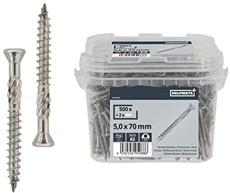 HELPMATE - Vis pour terrasse 5x70 acier inoxydable A2-500 vis pour planches + 2 embouts T25 - Vis pour l'extérieur (construction de terrasses & en bois de construction, abris de jardin etc.)
