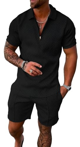 amropi Tuta Uomo Sportiva Maniche Corte Cerniera T-Shirt e Pantaloncini Estiva 2 Pezzi Set Completo Nero, L