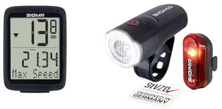 SIGMA SPORT BC 10.0 WL | kabelloser Fahrradcomputer mit zahlreichen Funktionen & LED Fahrradlicht mit Batterien Set Aura 30 und Curve | StVZO zugelassenes Vorderlicht und Rücklicht | Farbe: Schwarz