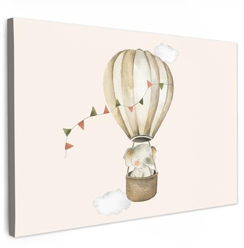 MuchoWow© Leinwandbild Dekoration Kinderzimmer Bilder Pictures Wall | 120x80 cm - Decoration Schlafzimmer Junge Wohnungs Deko Moderne Bild Heißluftballon - Elefant - Kinder - Aquarell