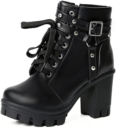 FOREADA Platform Goth Boots Combat Boots for Women Black Chunky Heels Ankle Boot Buckle Chain Lace Up Gothic Shoes Rivets Punk Dress Shoes With Zipper