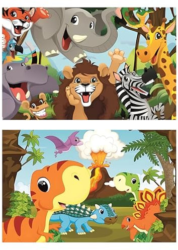 damaloo Set de 2 Manteles Individuales Infantiles – Dinosaurios & Animales – Lavables y Resistentes – Alfombrilla de Mesa para Niños – Plástico 43x28 cm – Ideal para Comidas, Manualidades y Juegos