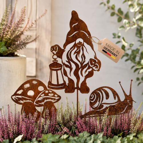 Terma Stahldesign Rostfigur Gartenstecker Herbst Zwerg/Wichtel Dreier Set Metall Gartendeko für Blunkübel