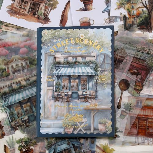 Sgbvzbd Street Scenery Theme Sticker Scrapbooking Supplies for Junk Journal, 54 Sheets Washi PET Stickers - Vintage Journaling Supplies, Ephemera Sticker Book Pre Cut(TZ-001-004)