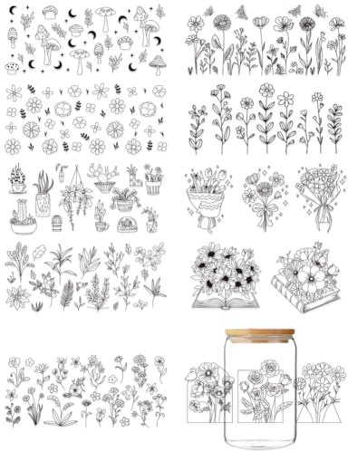 GOMAKERER 10 Blatt Blumen UV DTF Cup Wrap Transferaufkleber Pflanzen Transferaufkleber PVC Wasserfest Wildblumen Vintage Cup Transfer Dekoration Für DIY Flaschen Getränke Marmelade Kuchenbehälter