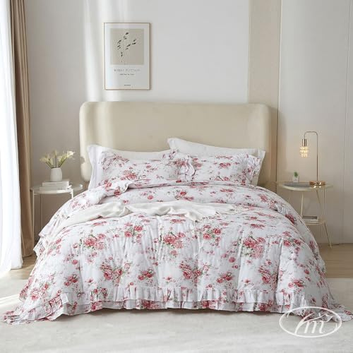 VM VOUGEMARKET Romantic Ruffled Duvet Cover Set with 2 Pillow Cases Soft Microfiber Rose Pattern Bedding Set