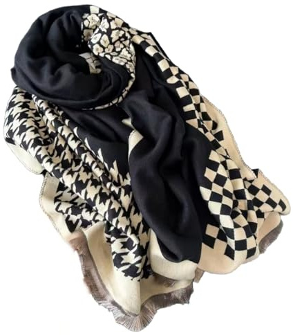 YsRoad Schal Kariert Damen - Weiches Kaschmirimitat Warmer Winter-Schal Kariert XXL Mit Fransen 185x65cm, Rot, Schwarzweiß, Khaki, Schwarzer Kaffee